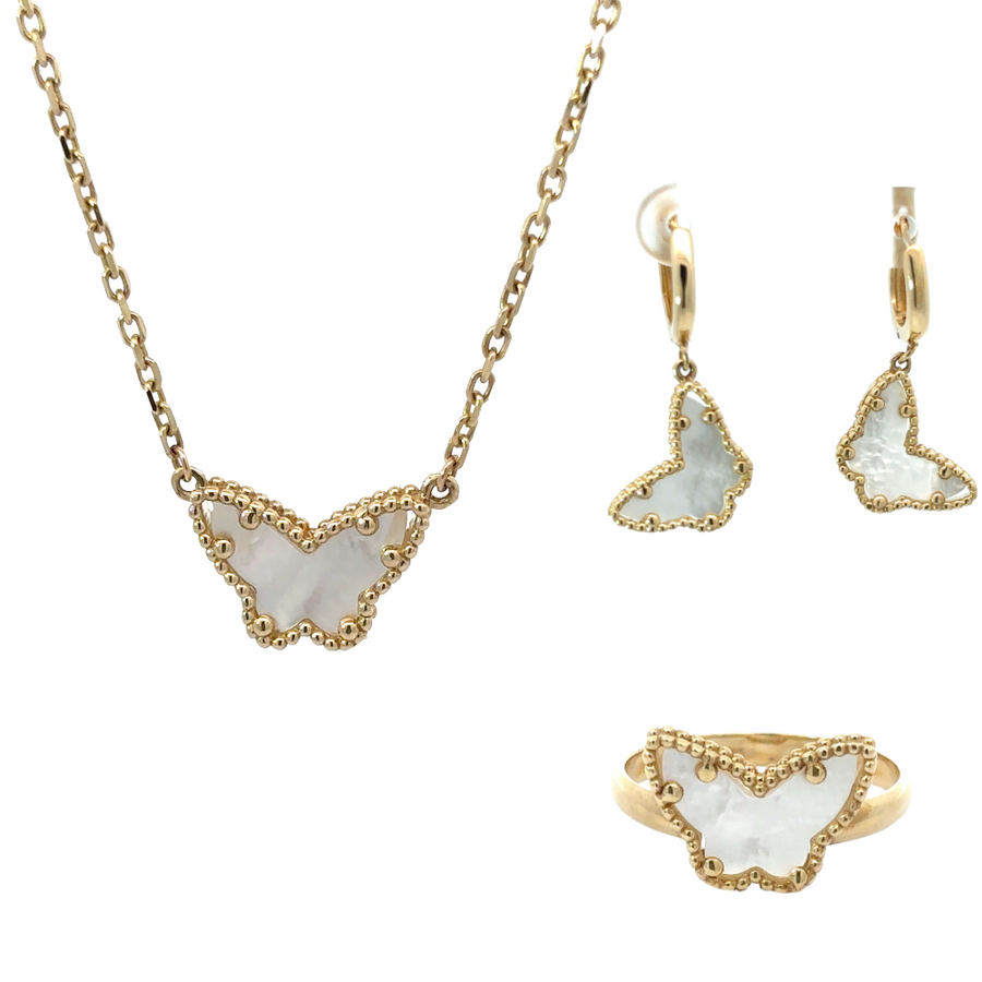 Full 14k gold jewelry set including necklace, earrings, and ring on white background