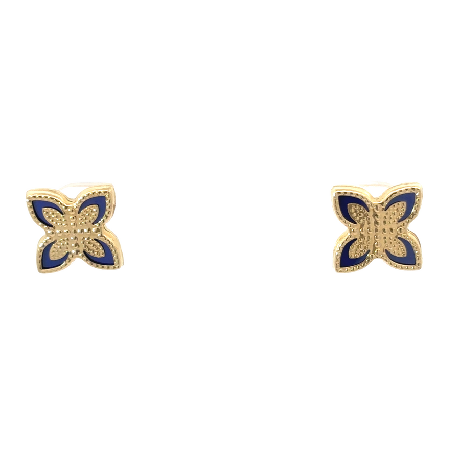 14k yellow gold earrings with blue accents on white background