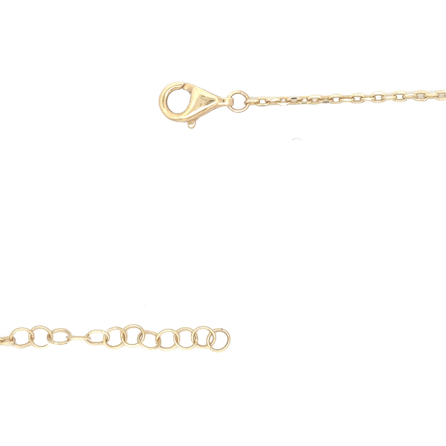 Detailed shot of the gold chain's clasp mechanism, showcasing the adjustable length (18 to 19 inches)