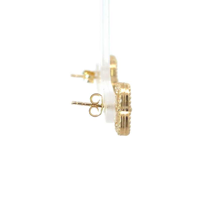 Close-up of gold earrings showing polished finish