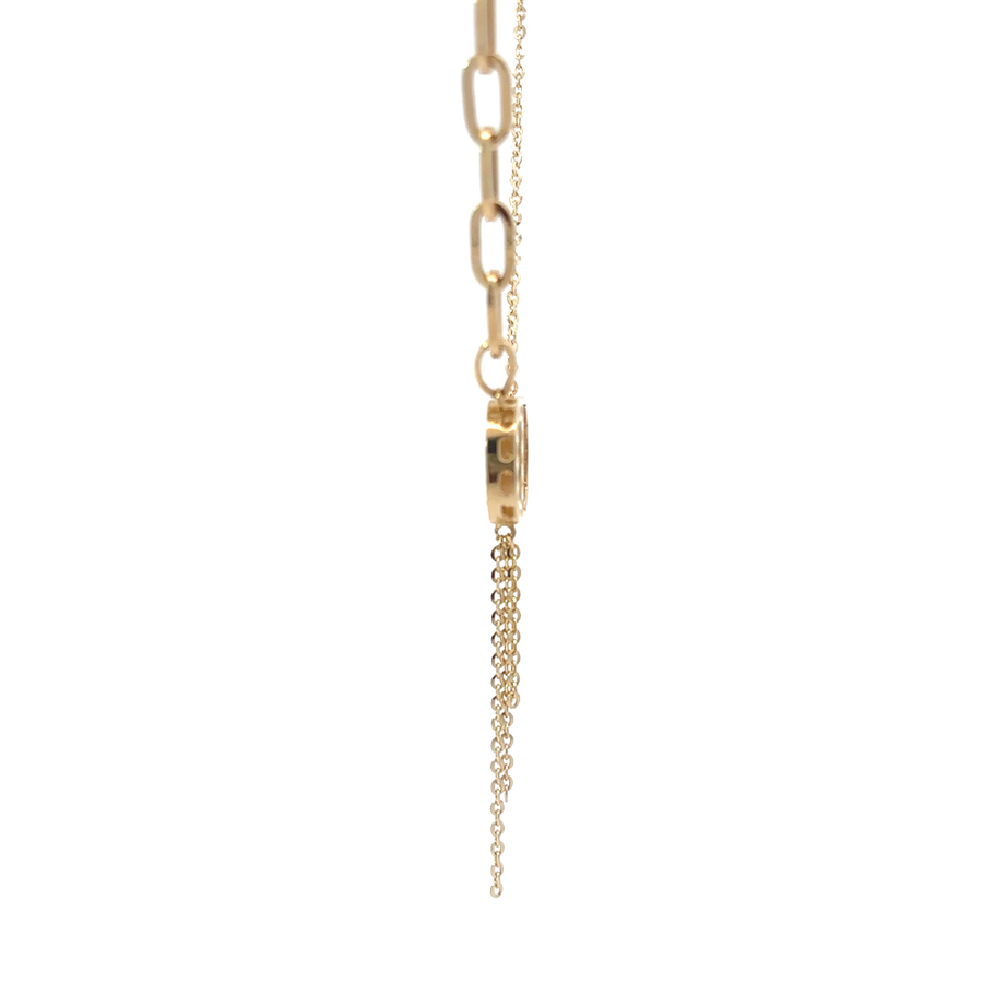 Flat-lay image showing the adjustable 14k gold necklace with CZ stones, with length variations of 19 and 20 inches