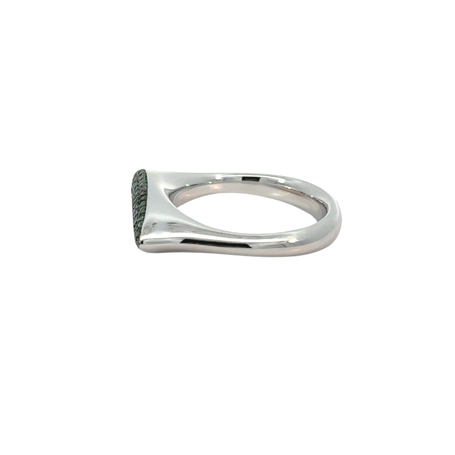 Close-up of elegant green cubic zirconia ring in silver setting
