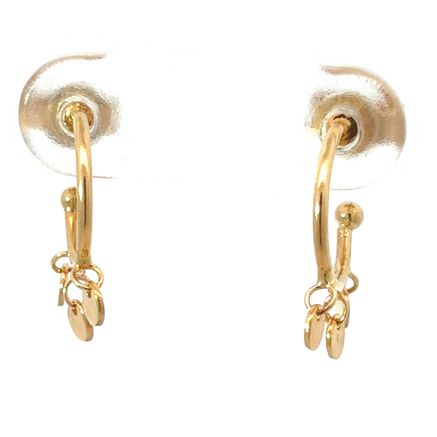 14k gold hoop earrings with hanging circle accents on white background