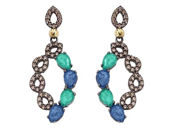 BOHEMME 925/000 Sterling Silver Earrings with 18K Laminated Yellow Gold, Champagne CZ, Emerald & Tanzanite Quartz Doublets