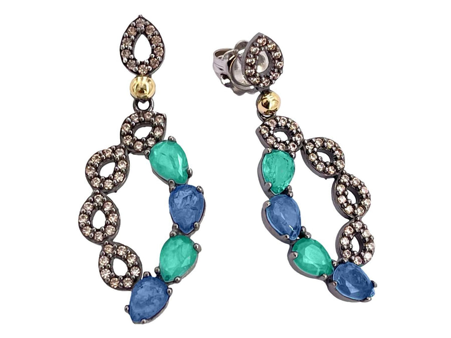 BOHEMME 925/000 Sterling Silver Earrings with 18K Laminated Yellow Gold, Champagne CZ, Emerald & Tanzanite Quartz Doublets