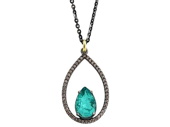 BOHEMME 925/000 Sterling Silver Pendant with 18K Laminated Yellow Gold, Champagne CZ & Emerald Quartz Doublet + 16.50" Chain