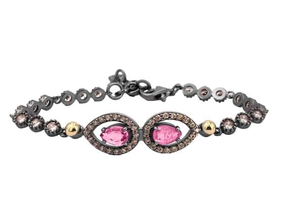 BOHEMME 925/000 Sterling Silver Bracelet with 18K Laminated Yellow Gold, Champagne CZ & Pink Tourmaline Quartz Doublets