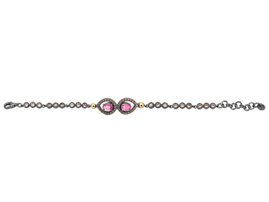 BOHEMME 925/000 Sterling Silver Bracelet with 18K Laminated Yellow Gold, Champagne CZ & Pink Tourmaline Quartz Doublets