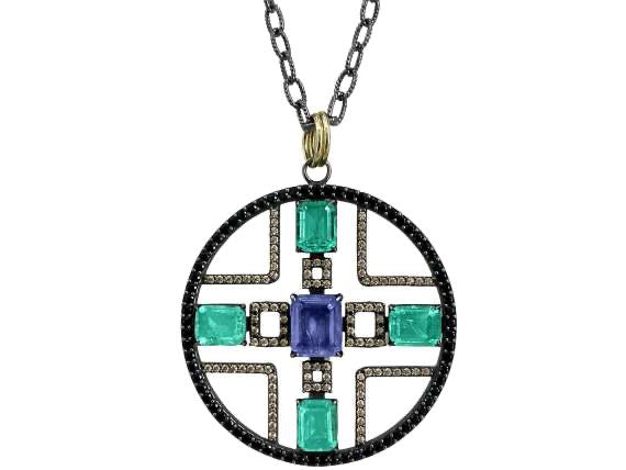 BOHEMME 925/000 Sterling Silver Pendant with 18K Laminated Yellow Gold, Emerald & Tanzanite Quartz Doublets, Black Spinels & Champagne CZ + 60 cm Chain