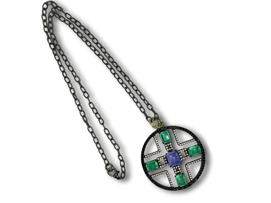 BOHEMME 925/000 Sterling Silver Pendant with 18K Laminated Yellow Gold, Emerald & Tanzanite Quartz Doublets, Black Spinels & Champagne CZ + 60 cm Chain