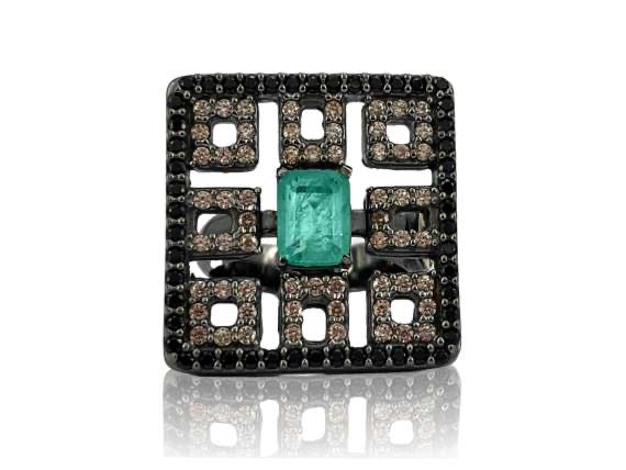 BOHEMME 925/000 Sterling Silver Ring with 18K Laminated Yellow Gold, Emerald Quartz Doublet, Black Spinels & Champagne CZ