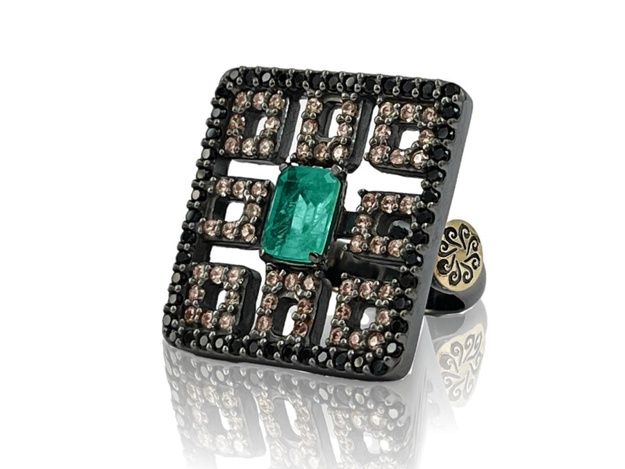 BOHEMME 925/000 Sterling Silver Ring with 18K Laminated Yellow Gold, Emerald Quartz Doublet, Black Spinels & Champagne CZ