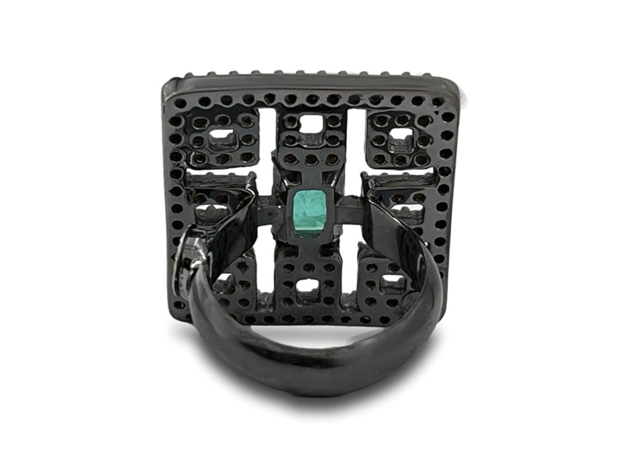 BOHEMME 925/000 Sterling Silver Ring with 18K Laminated Yellow Gold, Emerald Quartz Doublet, Black Spinels & Champagne CZ