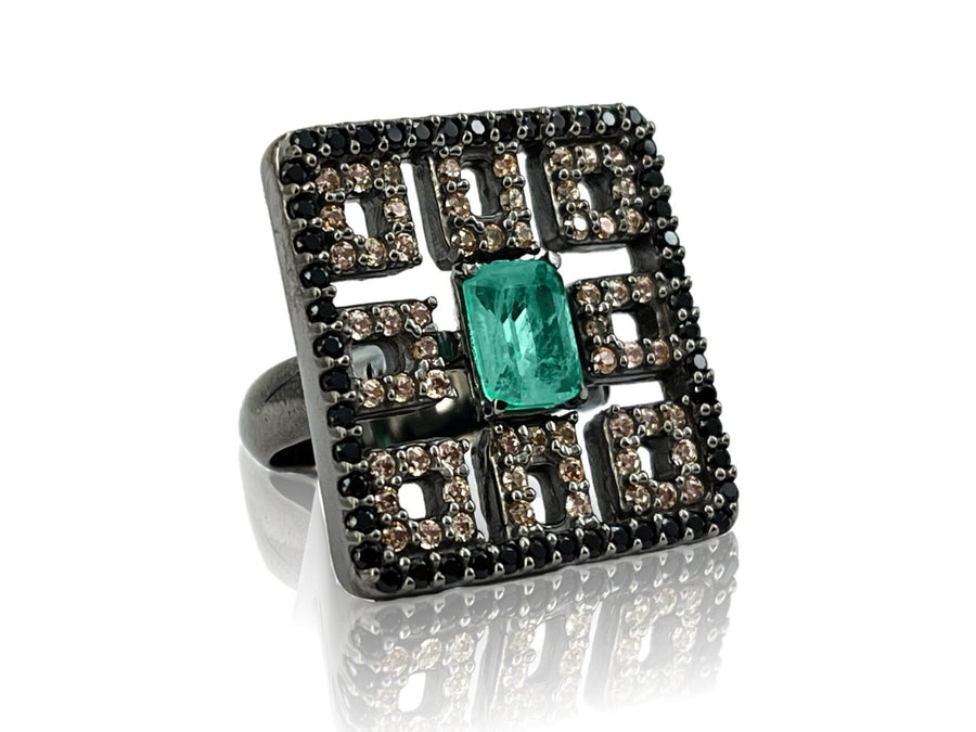 BOHEMME 925/000 Sterling Silver Ring with 18K Laminated Yellow Gold, Emerald Quartz Doublet, Black Spinels & Champagne CZ