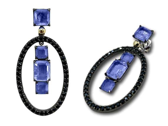 BOHEMME 925/000 Sterling Silver Earrings with 18K Laminated Yellow Gold, Tanzanite Quartz Doublets, Black Spinels & Champagne CZ