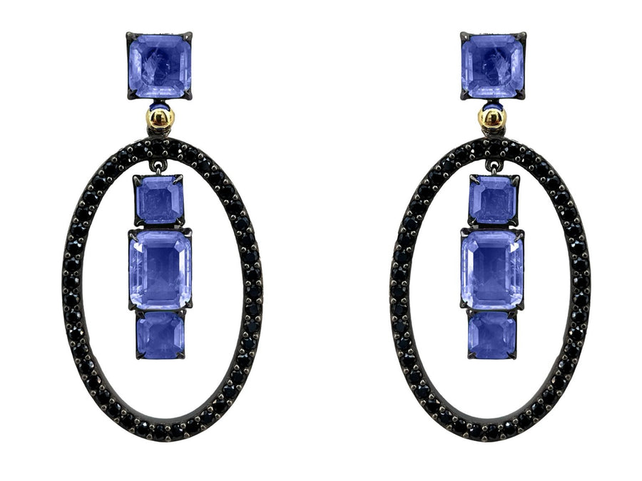 BOHEMME 925/000 Sterling Silver Earrings with 18K Laminated Yellow Gold, Tanzanite Quartz Doublets, Black Spinels & Champagne CZ