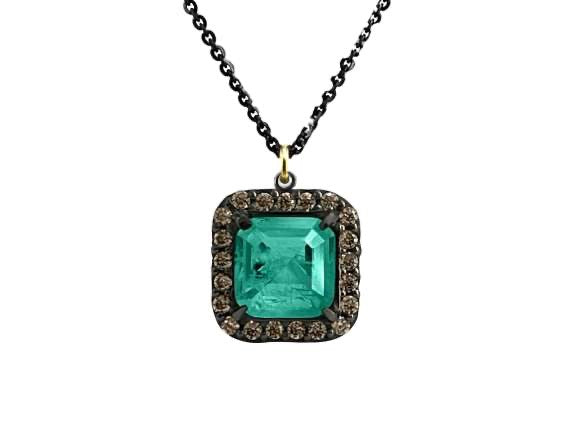 BOHEMME Emerald Quartz Pendant in 925 Sterling Silver with 18K Laminated Yellow Gold, Champagne CZ + 42 cm Chain