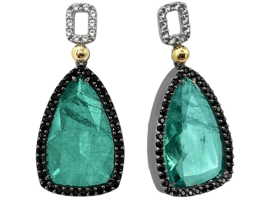 BOHEMME 925/000 Sterling Silver Earrings with 18K Laminated Yellow Gold, Emerald Quartz Doublets, Black Spinels & White Lab Sapphire