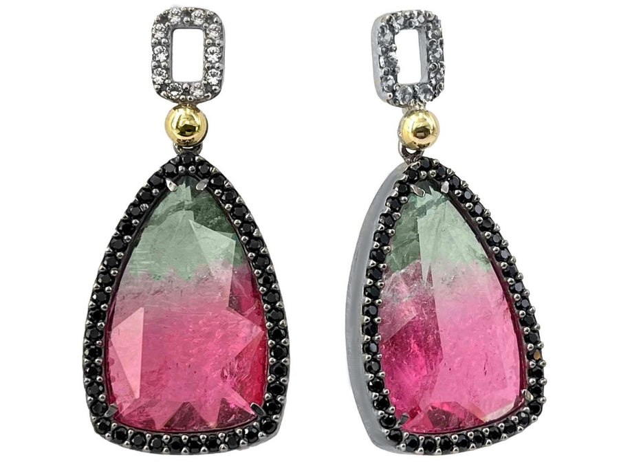 BOHEMME Sterling Silver 925/000 and 18K Gold Plated Earrings with Doublet Double Coloured Tourmaline Quartz, Black Spinels and White Sapphires