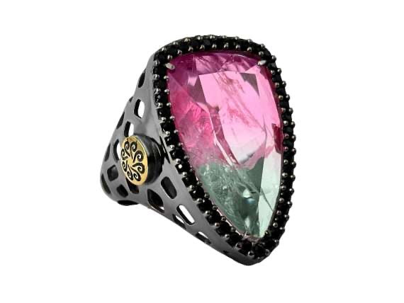 BOHEMME 925/000 Sterling Silver Ring with 18K Laminated Yellow Gold, Bicolor Tourmaline Quartz Doublet & Black Spinels