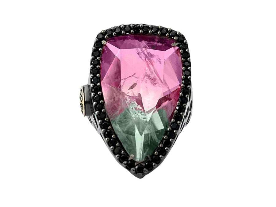 BOHEMME 925/000 Sterling Silver Ring with 18K Laminated Yellow Gold, Bicolor Tourmaline Quartz Doublet & Black Spinels