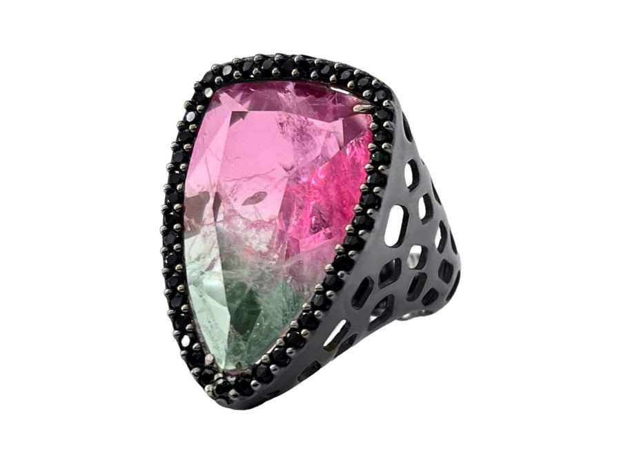 BOHEMME 925/000 Sterling Silver Ring with 18K Laminated Yellow Gold, Bicolor Tourmaline Quartz Doublet & Black Spinels