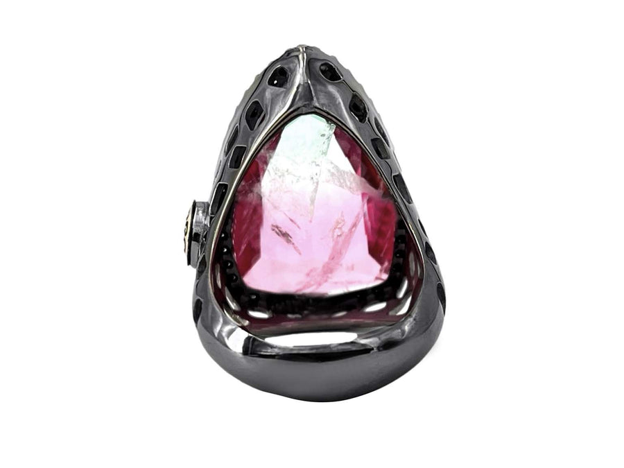 BOHEMME 925/000 Sterling Silver Ring with 18K Laminated Yellow Gold, Bicolor Tourmaline Quartz Doublet & Black Spinels