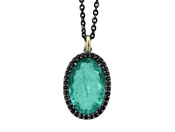 BOHEMME 925/000 Sterling Silver Pendant with 18K Laminated Yellow Gold, Emerald Quartz Doublet & Black Spinels + 42 cm Chain