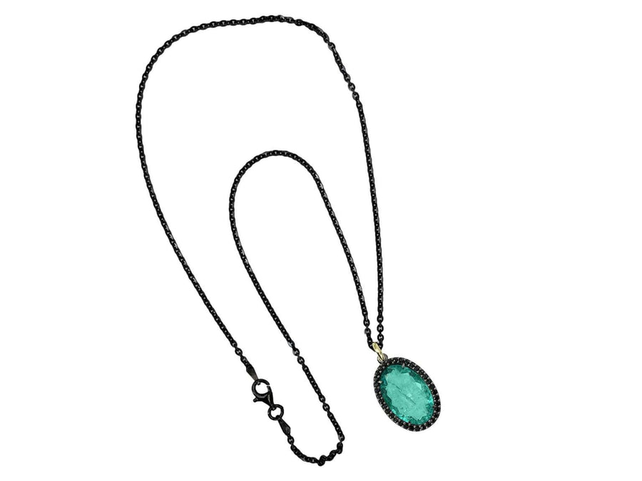 BOHEMME 925/000 Sterling Silver Pendant with 18K Laminated Yellow Gold, Emerald Quartz Doublet & Black Spinels + 42 cm Chain