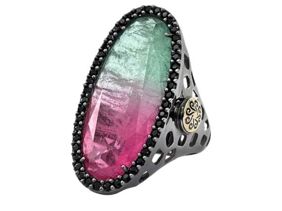 BOHEMME 925/000 Sterling Silver Ring with 18K Laminated Yellow Gold, Bicolor Tourmaline Quartz Doublet & Black Spinels