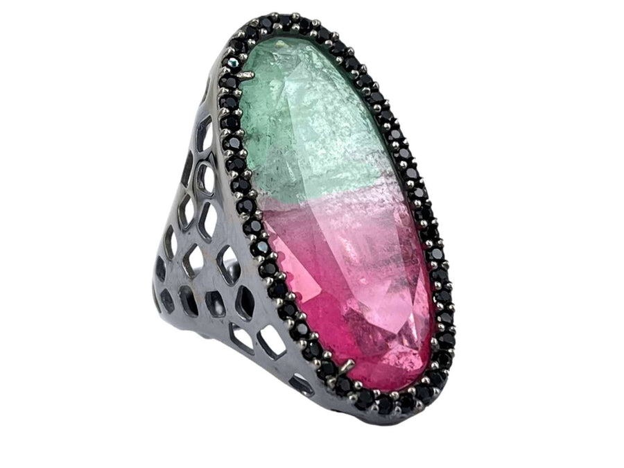 BOHEMME 925/000 Sterling Silver Ring with 18K Laminated Yellow Gold, Bicolor Tourmaline Quartz Doublet & Black Spinels