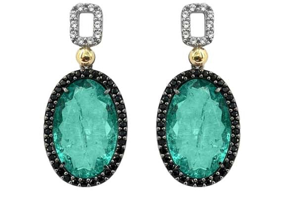 BOHEMME 925/000 Sterling Silver Earrings with 18K Laminated Yellow Gold, Emerald Quartz Doublets, Black Spinels & White Lab Sapphires