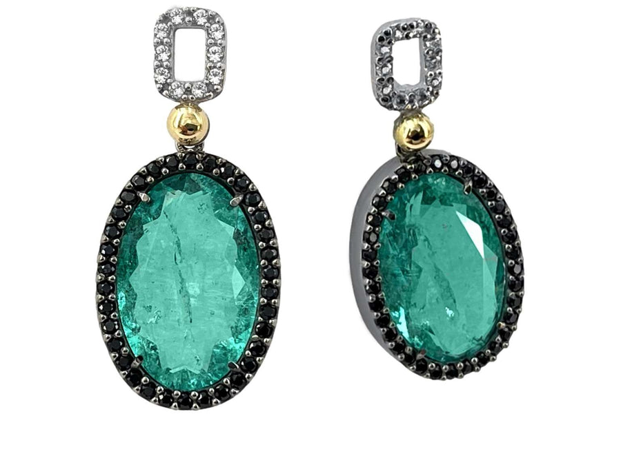 BOHEMME 925/000 Sterling Silver Earrings with 18K Laminated Yellow Gold, Emerald Quartz Doublets, Black Spinels & White Lab Sapphires