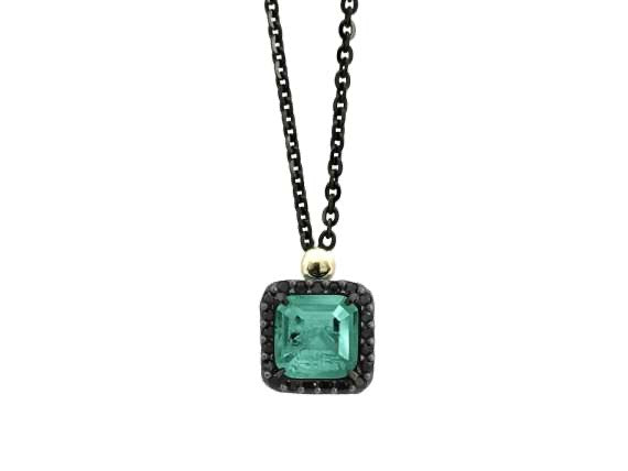 BOHEMME BASICS Pendant in Silver and 18K Gold-Plated, Doublet of Emerald Quartz and Black Spinels, 42cm Chain