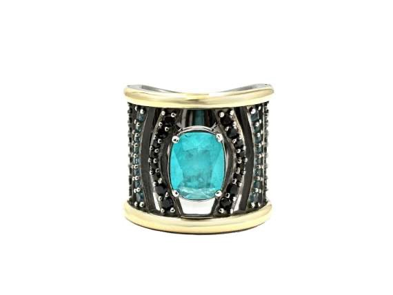 BOHEMME PARAÍBA Wide Ring - Silver, 18K Gold, Black Spinels & Blue-Green Quartz Doublets