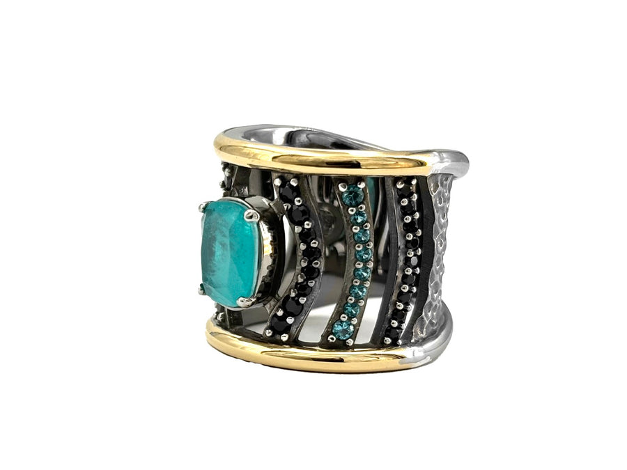 BOHEMME PARAÍBA Wide Ring - Silver, 18K Gold, Black Spinels & Blue-Green Quartz Doublets