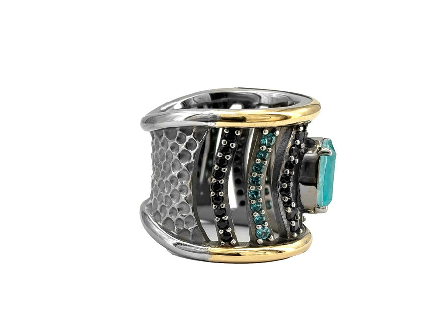 BOHEMME PARAÍBA Wide Ring - Silver, 18K Gold, Black Spinels & Blue-Green Quartz Doublets