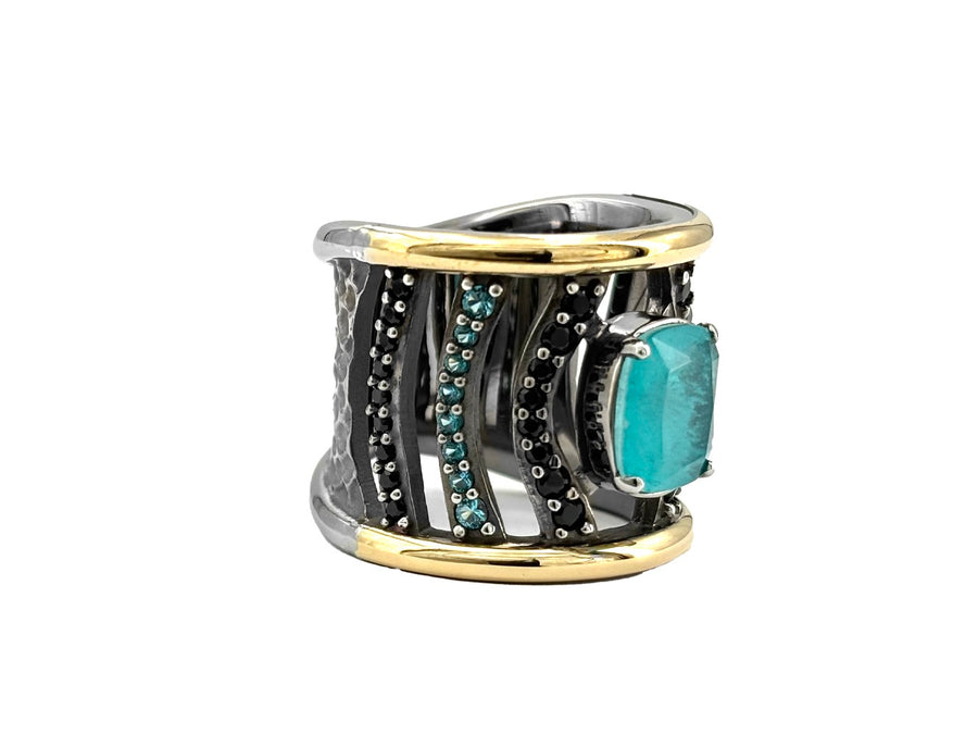 BOHEMME PARAÍBA Wide Ring - Silver, 18K Gold, Black Spinels & Blue-Green Quartz Doublets