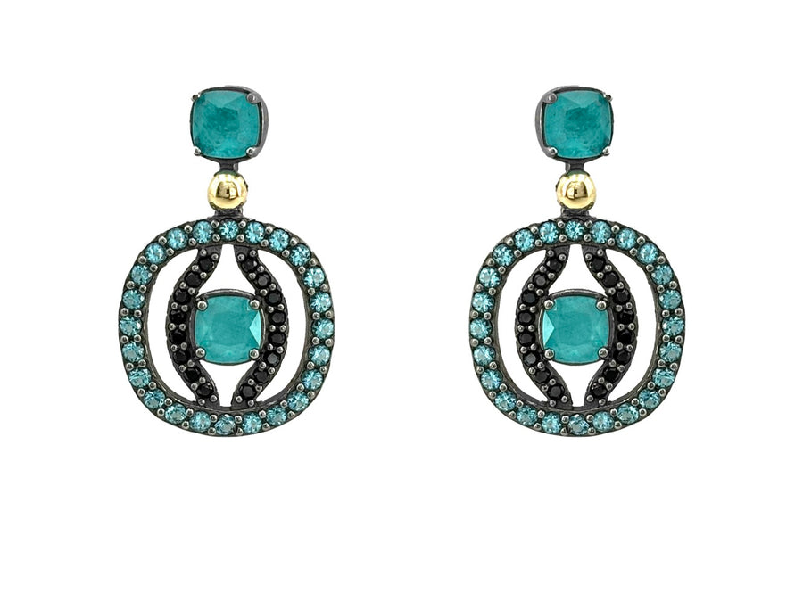 BOHEMME PARAÍBA Long Earrings - Silver, Gold, Black Spinels & Blue-Green Quartz Doublets