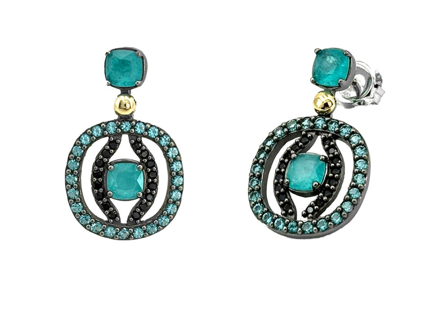 BOHEMME PARAÍBA Long Earrings - Silver, Gold, Black Spinels & Blue-Green Quartz Doublets