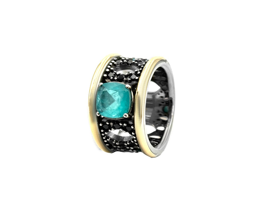 BOHEMME PARAÍBA Ring in Sterling Silver and 18K Gold with Black Spinels & Double Quartz Gemstones