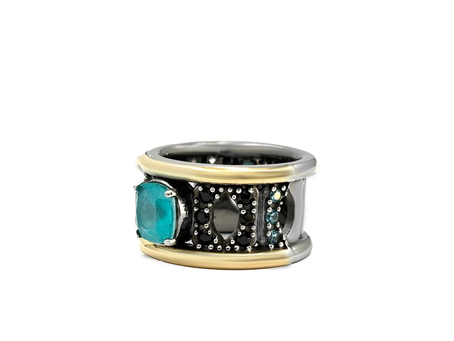 BOHEMME PARAÍBA Ring in Sterling Silver and 18K Gold with Black Spinels & Double Quartz Gemstones