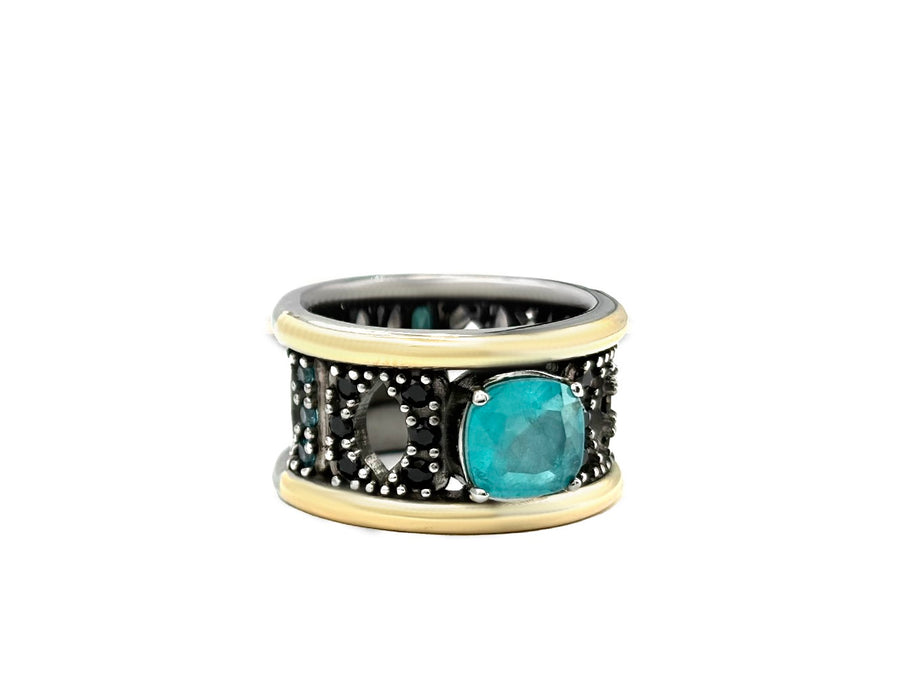 BOHEMME PARAÍBA Ring in Sterling Silver and 18K Gold with Black Spinels & Double Quartz Gemstones