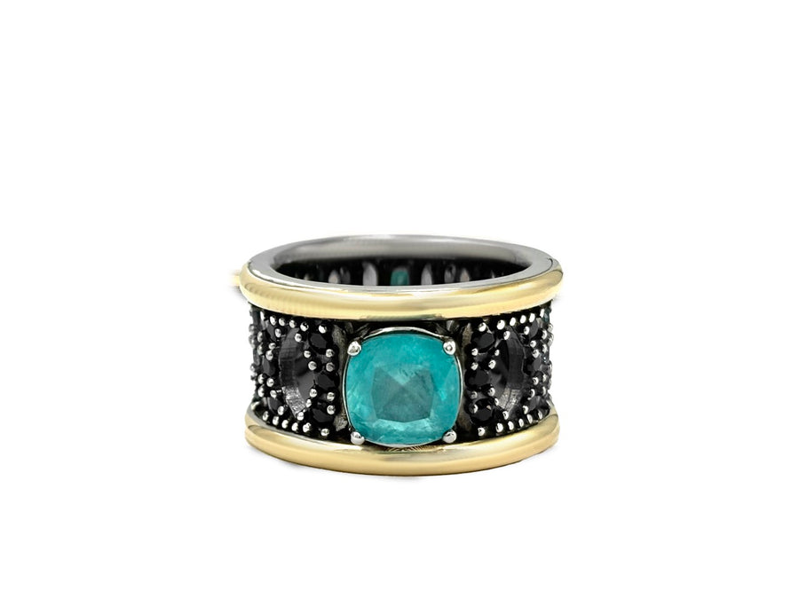 BOHEMME PARAÍBA Ring in Sterling Silver and 18K Gold with Black Spinels & Double Quartz Gemstones