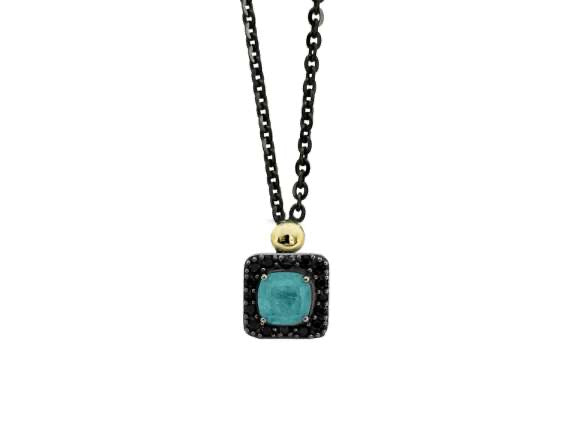 BOHEMME PARAÍBA Square Pendant in Silver with Black Spinels & Double Quartz Gemstones, 42cm Chain