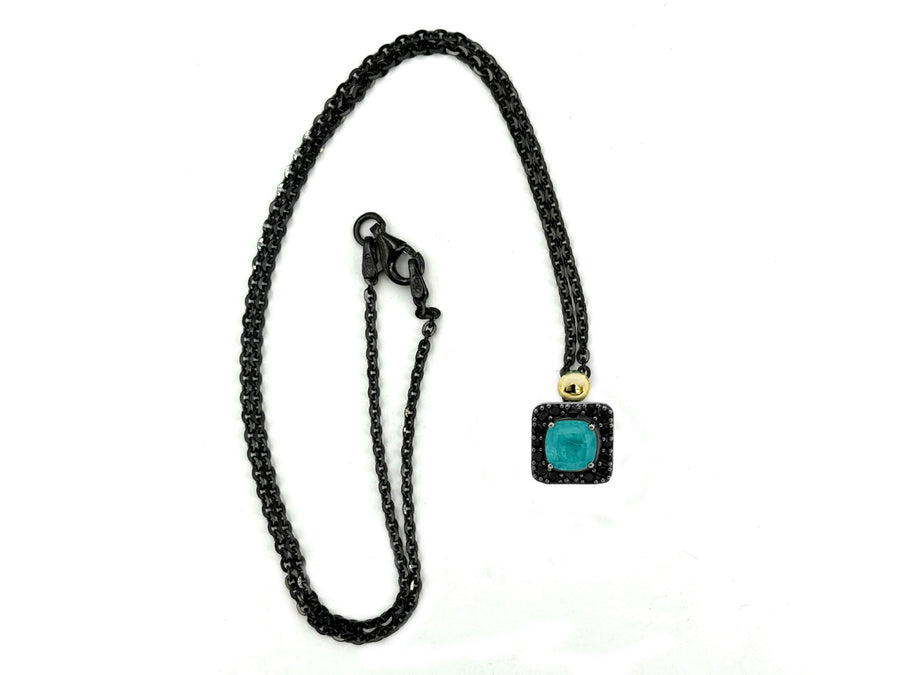 BOHEMME PARAÍBA Square Pendant in Silver with Black Spinels & Double Quartz Gemstones, 42cm Chain