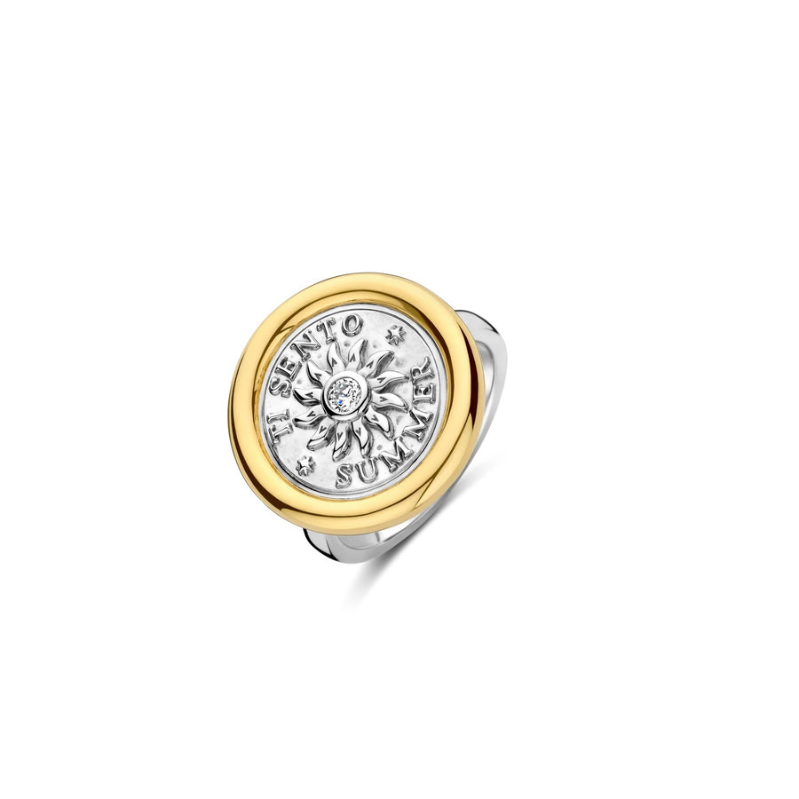 TI SENTO - Milano Gold-Plated Sun Symbol Statement Ring with Cubic Zirconia, Model 12334ZY