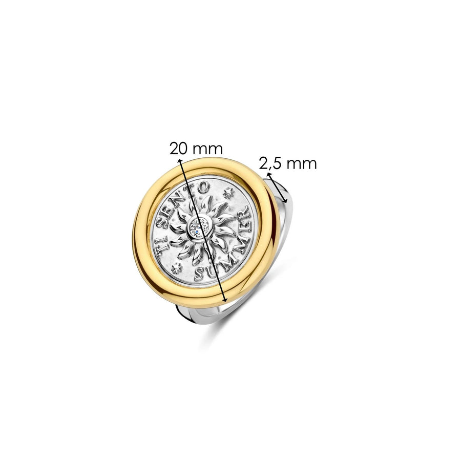 TI SENTO - Milano Gold-Plated Sun Symbol Statement Ring with Cubic Zirconia, Model 12334ZY