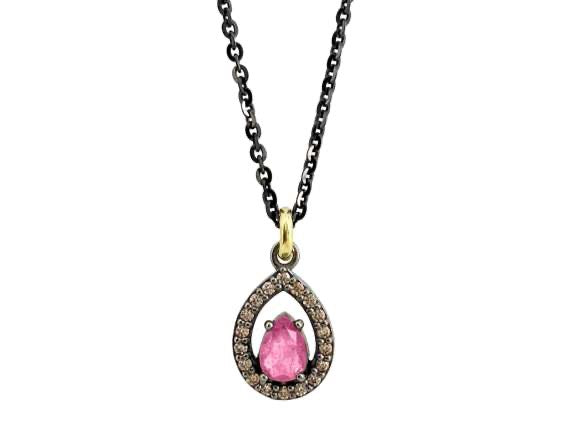 BOHEMME 925 Sterling Silver Pendant with 18K Yellow Gold, Champagne CZ, and Pink Tourmaline Quartz Doublet + 16.50 in Chain