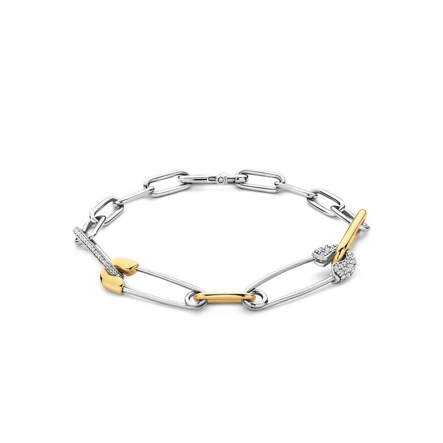 TI SENTO - Milano Gold-Plated Chain Link Bracelet with Safety Pins and Zirconia, Model 23034ZY